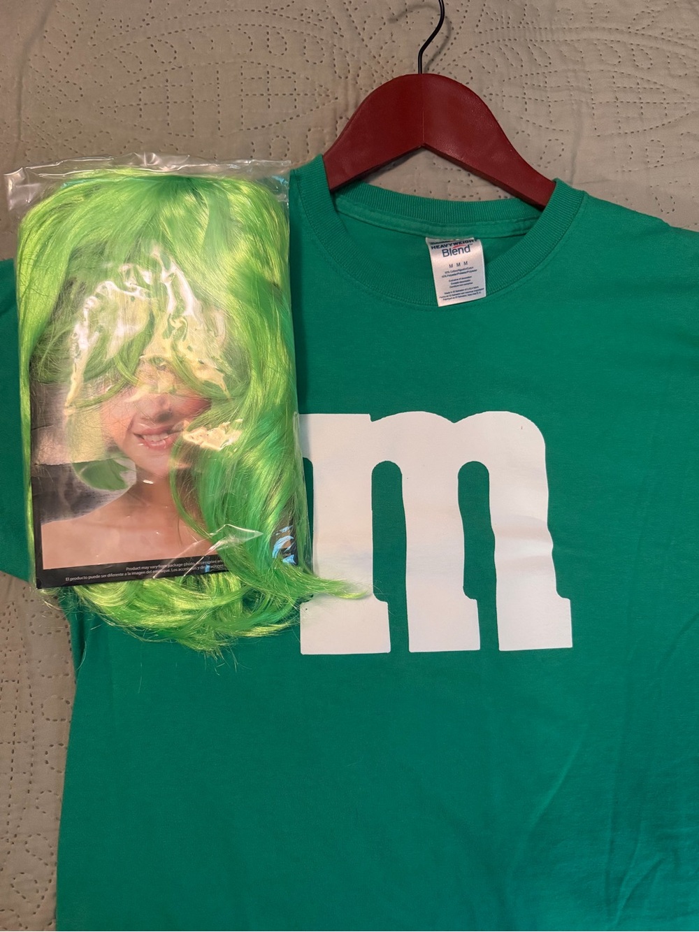 Green T-Shirt with White 'm' Graphic with green wig. Great for m&m costume